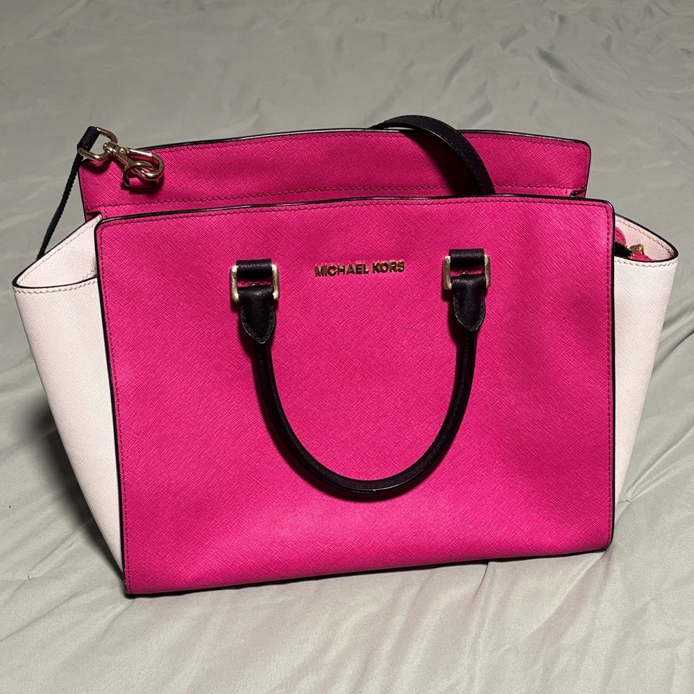Michael Kors Hot Pink and White Saffiano Satchel with Black Handles